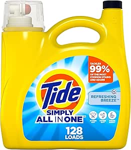 Tide Simply All-In-One Liquid Laundry Detergent, Refreshing Breeze Scent, 128 Loads, 168 fl oz