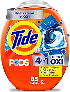 Tide 4-in-1 Ultra Oxi PODS Laundry Detergent Pacs, 85 Count, HE Compatible, Built in Pre-treater for Stains