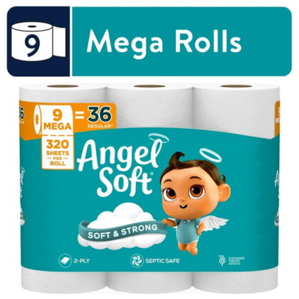 Angel Soft 2-Ply Toilet Paper, 9 Mega Rolls, 320 Sheets per Roll