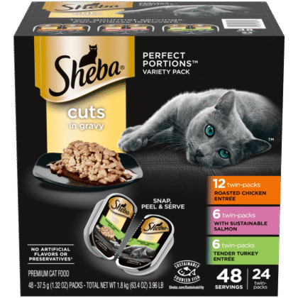 Sheba Perfect Portions Kitten Wet Cat Food Pate Chicken Entree, Salmon Entree, and Turkey Entree, 2.6 oz. Twin-Pack Trays (24 Count, 48 Servings)