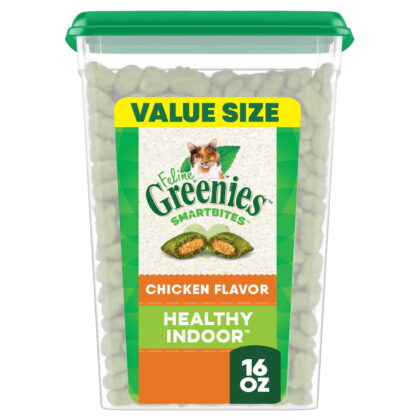 Greenies Feline SmartBites Healthy Indoor Natural Chicken Flavor Soft & Crunchy Adult Cat Treats, 16-oz tub