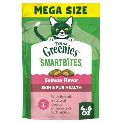 Greenies Feline SmartBites Healthy Skin & Fur Natural Salmon Flavor Soft & Crunchy Adult Cat Treats, 4.6-oz bag