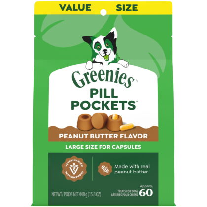 Greenies Pill Pockets Canine Real Peanut Butter Flavor Natural Dog Treats, Capsule Size, 60 count