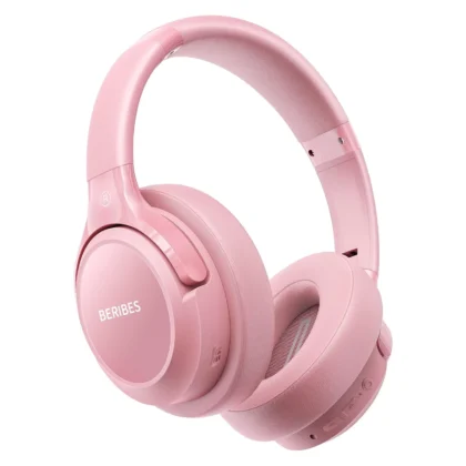 BERIBES WH202A Bluetooth Headphones Over Ear, 65H Playtime and 6 EQ Music Modes Wireless Headphones with Microphone, HiFi Stereo Foldable Lightweight Headset, Deep Bass for Home Office Cellphone PC Ect. (Pink)